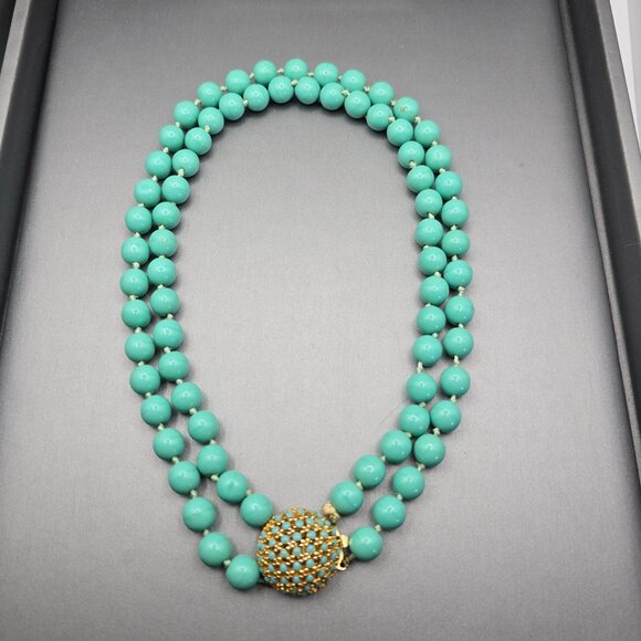 VTG Double Strand Turquoise Colored Bead Choker Necklace 15" Gold-Tone Box Clasp - Picture 15 of 15